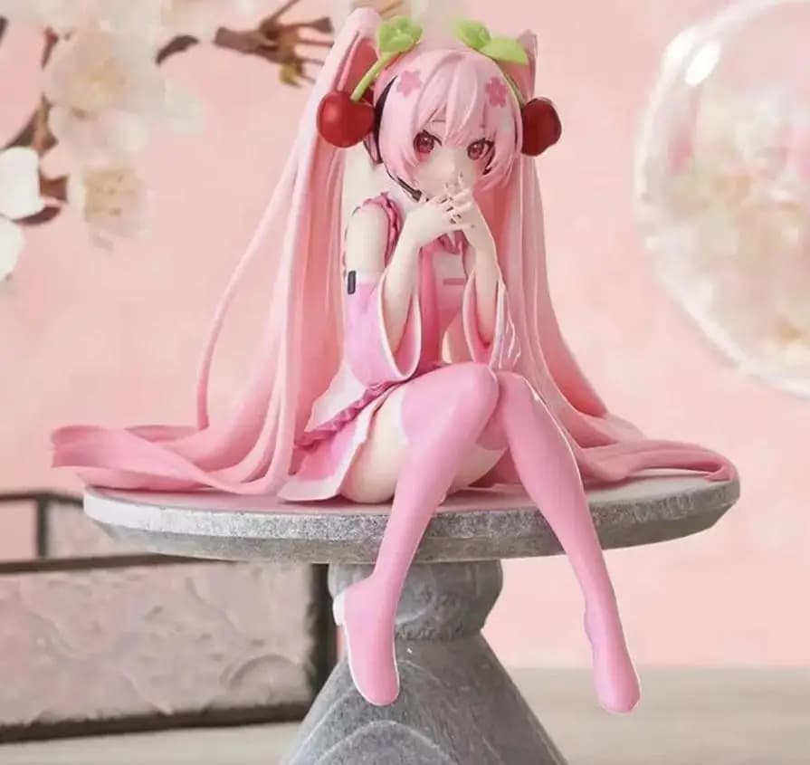 Hatsune Miku Animation Hand made Pink Dress Sitting PVC Model Action Doll Cherry Blossom Pink Cherry Blossom Decorative Gift