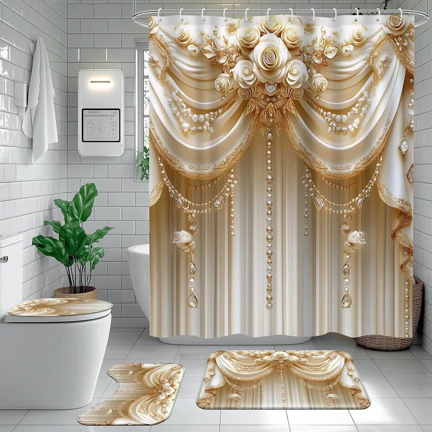 Luxury Gold Floral Shower Curtain Waterproof Bathroom Decor Set Ornate Romantic Elegant Bath Curtain for Master Spa Bathroom