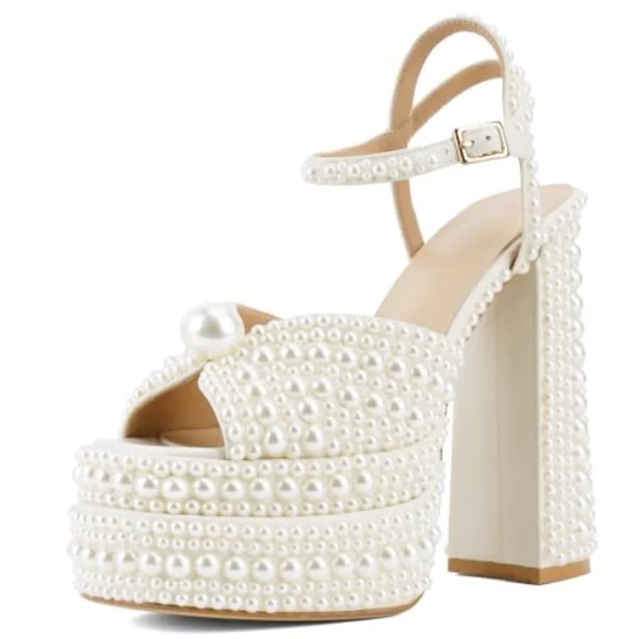 Sandali con plateau e tacco grosso da donna, con cinturino alla caviglia e punta tonda, perfetti per abiti eleganti, serate, matrimoni e da sposa