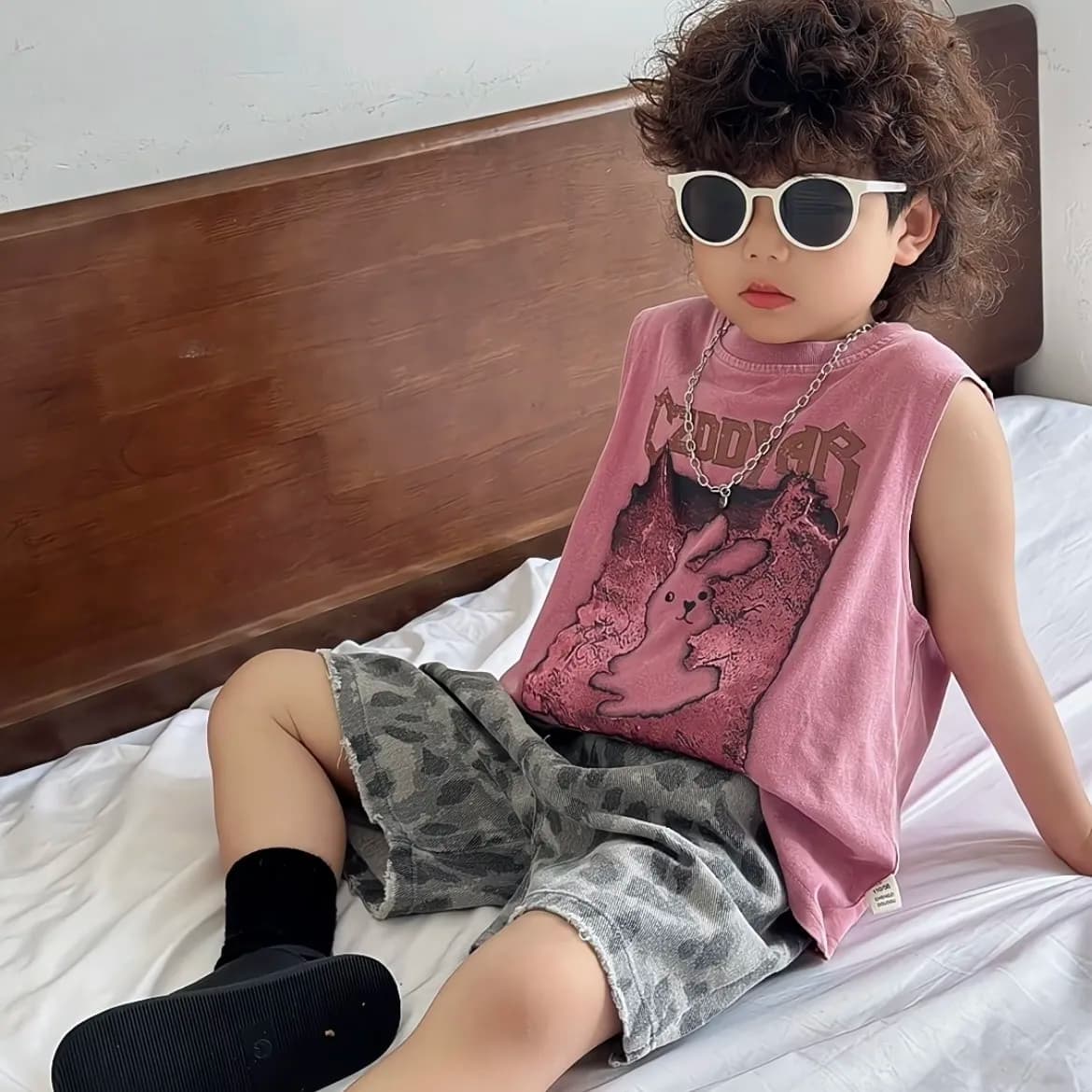 Kids Summer Set, New Fashion: Printed Canotta for Boys + Shorts in Denim Leopardato, Set 2 Pieces