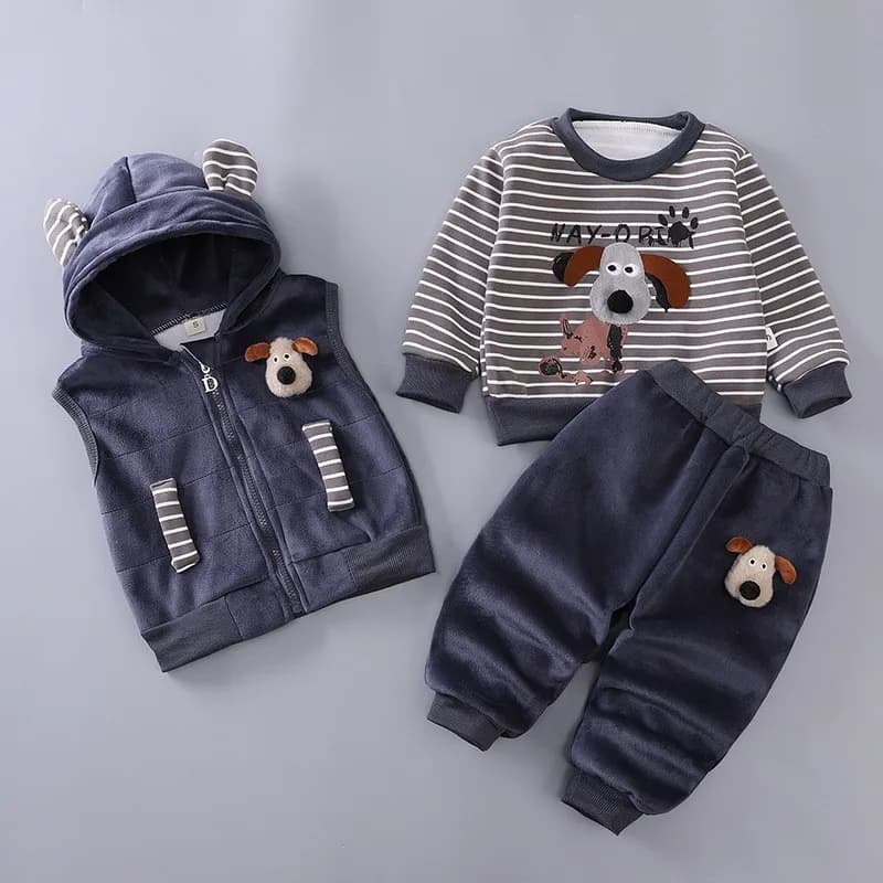 Autunno Inverno Neonati maschi Set di abbigliamento Cartoon Cute Dog Fleece Caldo gilet con cappuccio Pantaloni 3 pezzi Vestito per 1-4 anni Abbigliamento per bambini