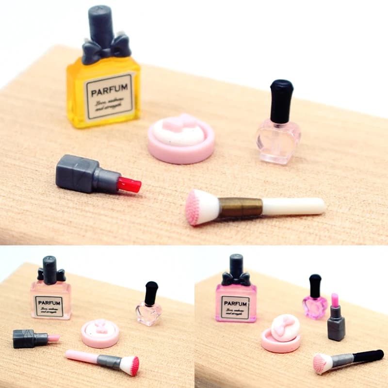Set trucco bambola in scala 1:12 in miniatura: rossetto, profumo, pennello per trucco, polvere pressata