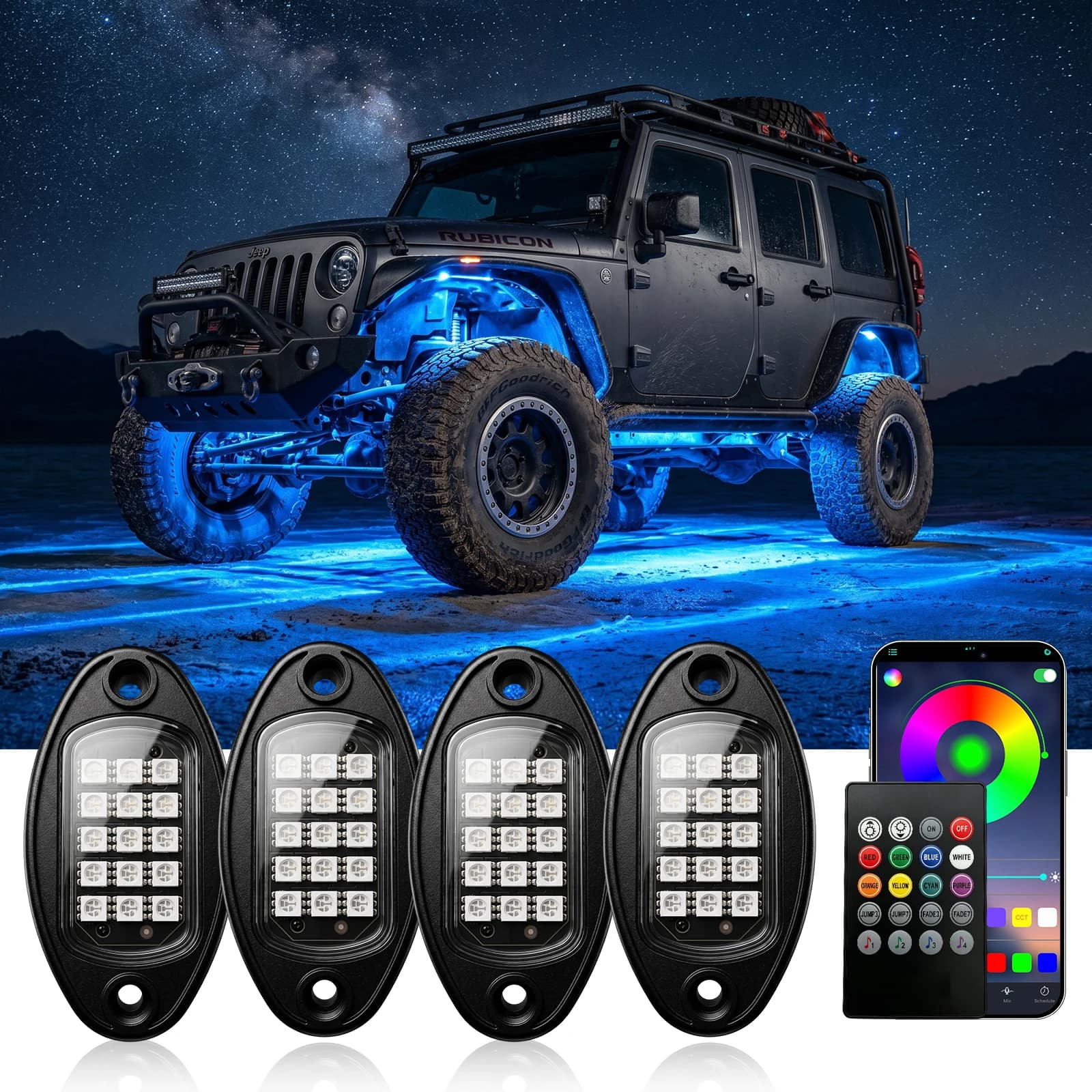 RGB LED Rock Lights Kit Bluetooth APP Music Sync Flashing Wheel Well Underglow Lights for Truck ATV UTV RZR SUV Car 4/8 Pods