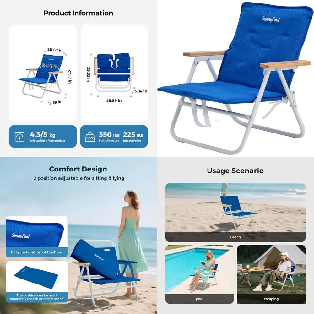 Sedia da spiaggia resistente con braccioli in legno e cuscino, leggera per il campeggio, all'aperto, blu