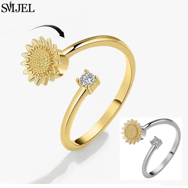 Anelli di ansia rotanti con girasole per donne e ragazze, design estivo, ciondoli a forma di fiore regolabili, anello Fidget Spinner, miglior amico regalo