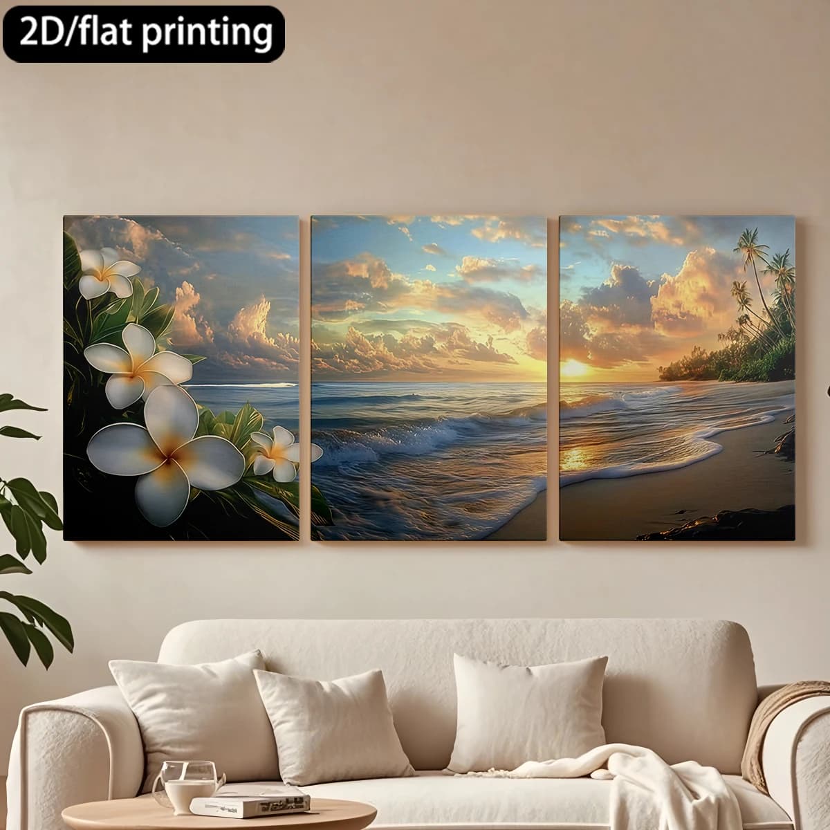 Decorative painting on canvas with wooden frame, 3 pieces, Plumeria, beach, sunset, tropical paradise. Hall decoration, living room.