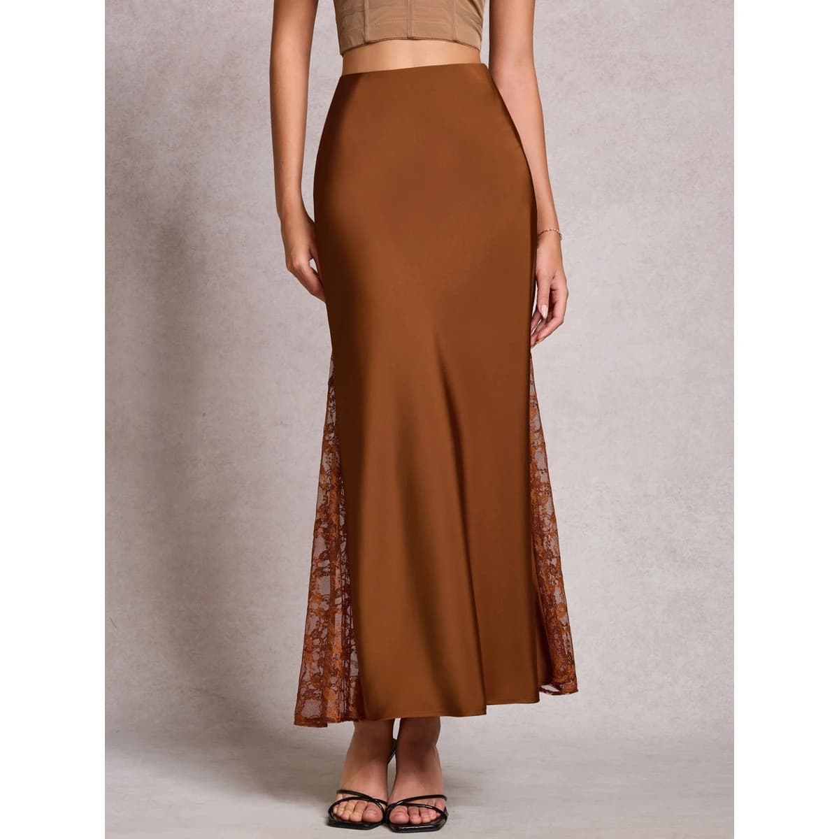 High Waist A-Line Long Skirt Sexy Lace Satin Half-length Elegant Women's Fashion Spring Autumn Polyester Fabric Skirts