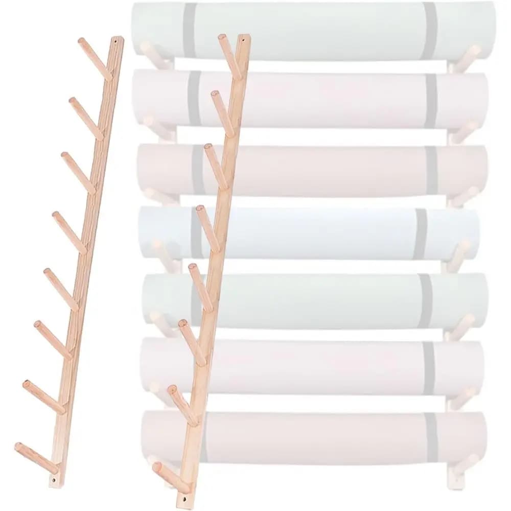 Wooden Wall-Mounted Yoga Mat Storage Rack with 8 Layers for Hallway or Gym (Set of 3, 55)