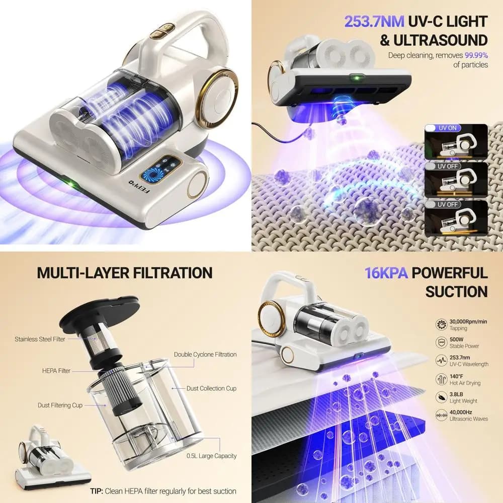 Aspirapolvere per letto UV-C da 16Kpa con 140 funzioni ° Stufa Elettrica con Filtro HEPA, con Cavo, per Letto, Divano, Culla