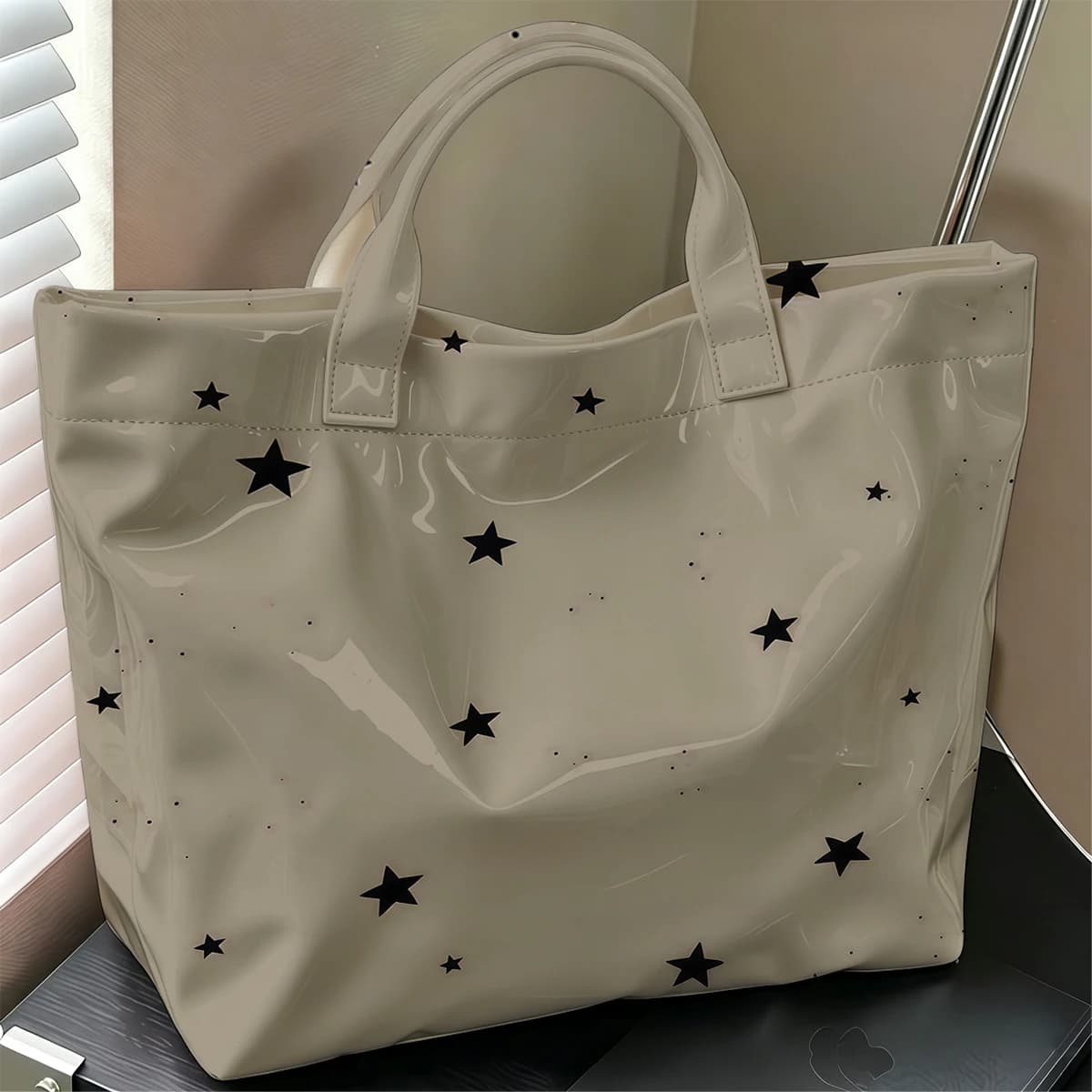 Beige Black Stars Fashion Large Glossy PVC Tote Bag Hand Washable Waterproof Perfect Travel Commute Cosmetic Storage Shopper