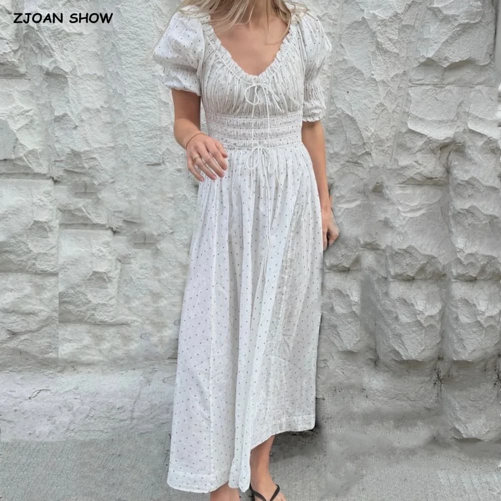 BOHO Dot Print Wood ears Ruched Chest Bow U collar Puff Sleeve Dress Elastic High Waist Pleated Swing Midi Dresses Holiday Robe