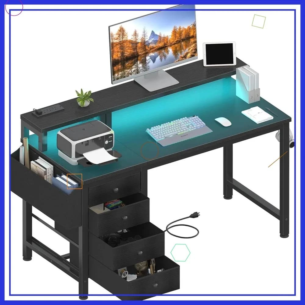 47-inch LED Gaming desk with Current sockets, Fabric boxes, Reversible Monitor Support for Home Office, Black