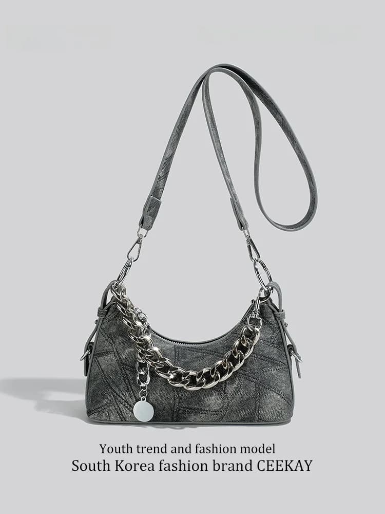 Ceekay Summer Denim Underarm Bag Fashionable Women's Crossbody Bag French Style Casual Leisure Handbag with Zipper Closure