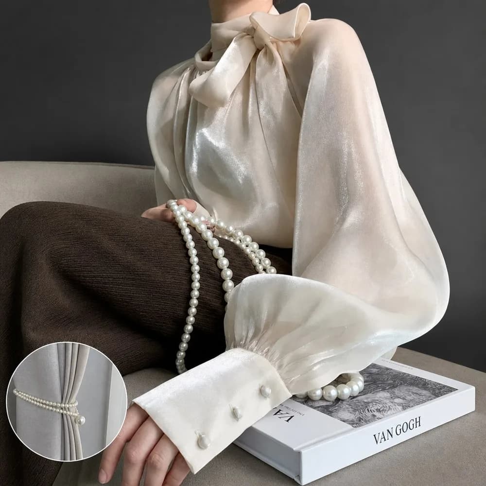 Women Elegant Turn Down Collar Long Sleeve Blouse Spring Summer Fashion Satin Silk Shirt Soft Flowy Tops Gentle Wind Office
