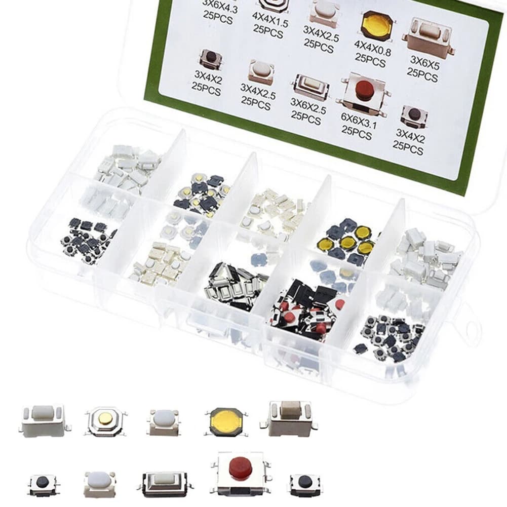 250 × Interruttore a pulsante per telecomando per auto Pulsanti per chiavi per auto Microinterruttore tattile con modelli di scatole Kit di interruttori a pulsante tattili