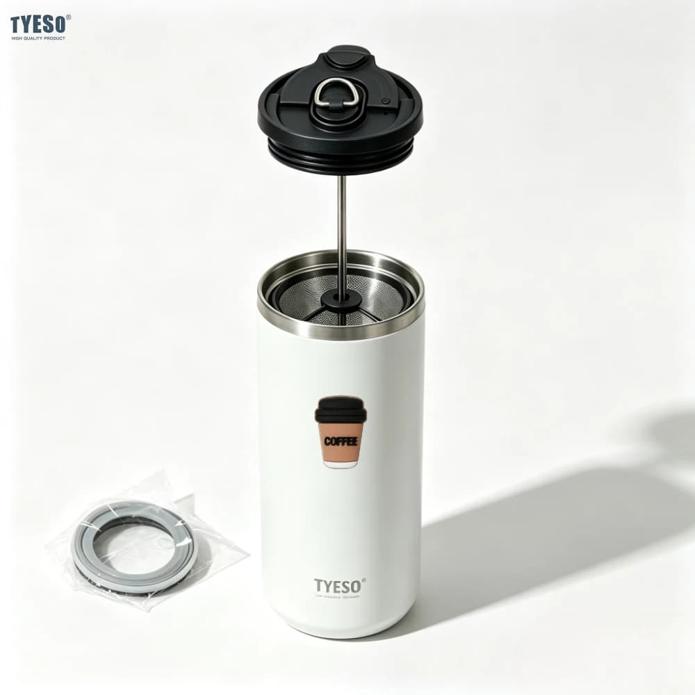 Tyeso 750ml French Press Vacuum Flasks Mug Stainless Steel Cold Brew Coffee Maker Tea Infuser Double-Wall Insulated Thermoses