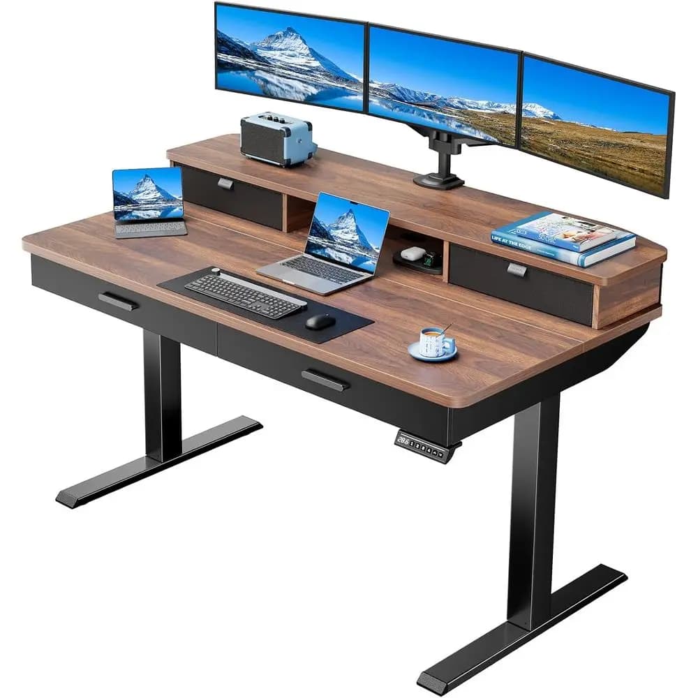 Scrivania Elettrica Regolabile in Altezza in Noce 55x30 Pollici con Design a Due Livelli e Supporto Ergonomico per Monitor