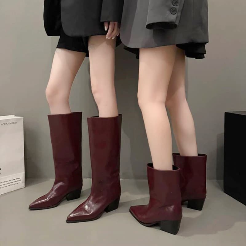 Women's winter boots with thick heel and pointed tip Women's knee boots elegant briefs on long boots botas de winter feminina