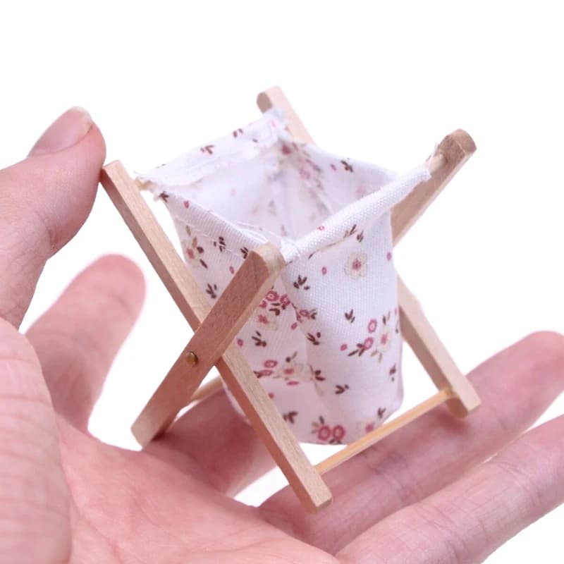 1/12 Miniature wooden folding basket for doll house Dirty whiteware basket Decorative accessories for home bathroom