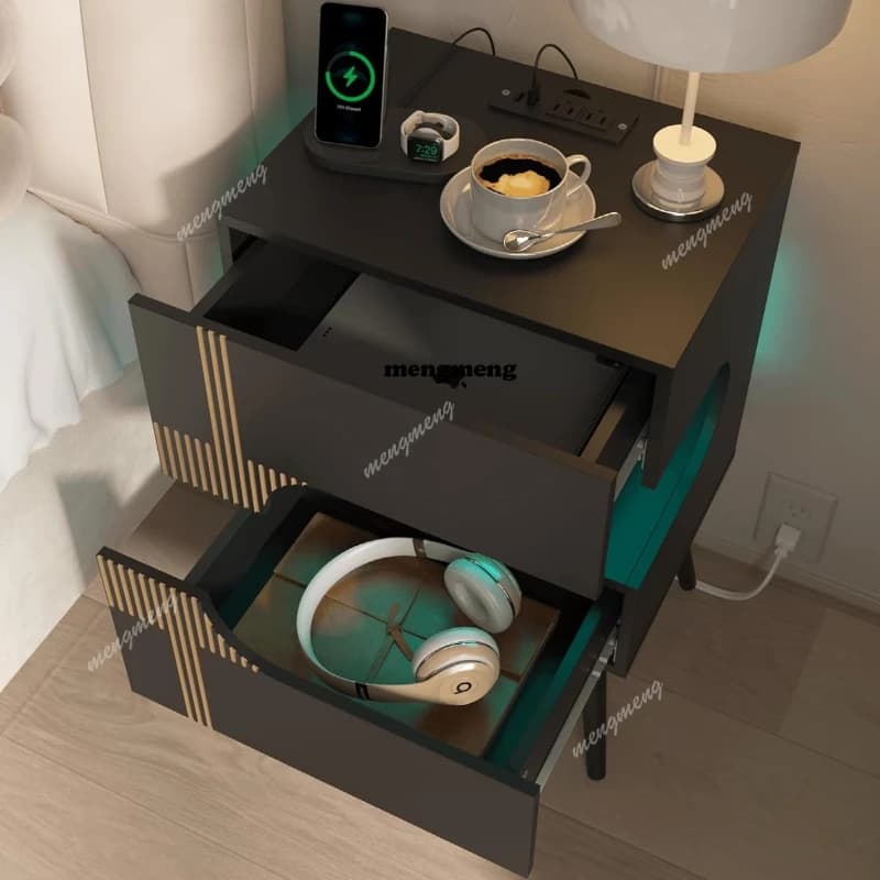 Comodino nero con stazione di ricarica e luci a LED Comodino moderno con 2 cassetti portaoggetti Gambe in legno massello Bianco Nero