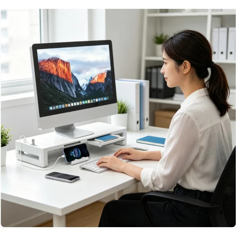 Supporto Multifunzionale per Monitor con Ripiano Regolabile e Vano Portaoggetti