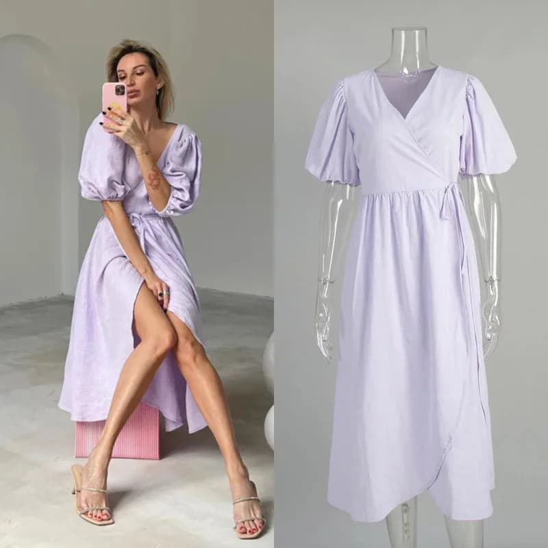 Elegante abito lungo a maniche lunghe con cintura in cotone 100% Primavera Estate Nuovo abito da cocktail con maniche a sbuffo Abito da sera da donna alla moda