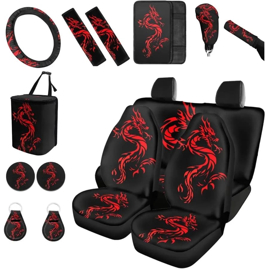 Coprisedili per auto Red Dragon Set completo di accessori automobilistici Set con coprivolante da 15 pollici Spallina Bracciolo Pad Trash
