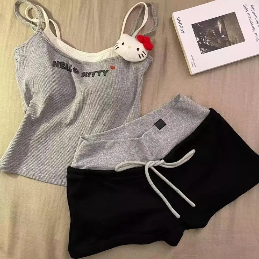 Cute Hello Kitty Suspender Pajamas Women's Vest Shorts Home Clothes Set Sanrio Sweet Girls Cartoon Summer Tops Drawstring Shorts