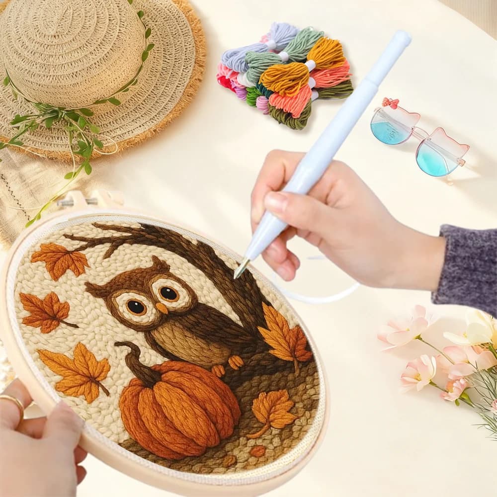 Owl Punch Needle Embroidery Adults Crafts Diy Kits Animal Starter Needle Point Kit Threader, Yarns, Rug Punch Art Supplies