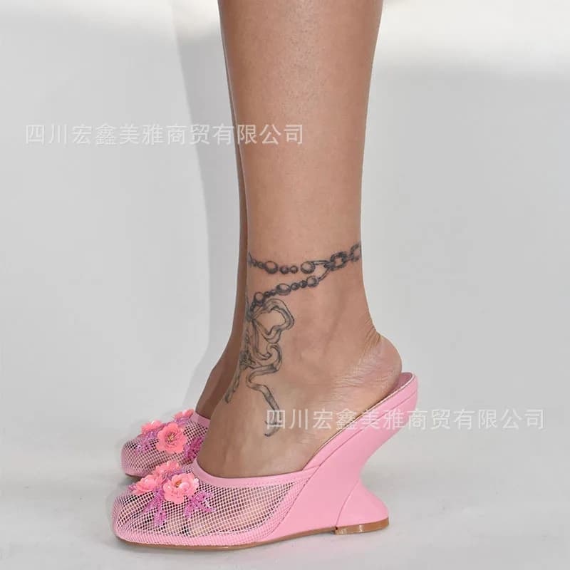 New Fishing Net Baotou High-heeled Slope Heel Cool Mop for Women Wearing Embroidered Pearl Flower EVA Half Bag Back Empty Mop