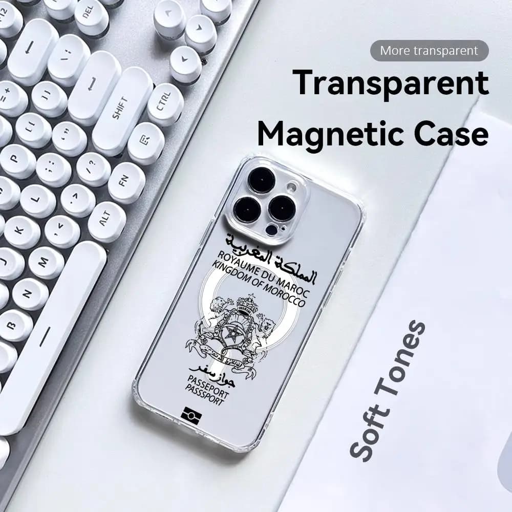 Cool Morocco Passport Phone Case for iPhone 17 16 15 14 13 12 Pro Max Plus, transparent with MagSafe and wireless charging