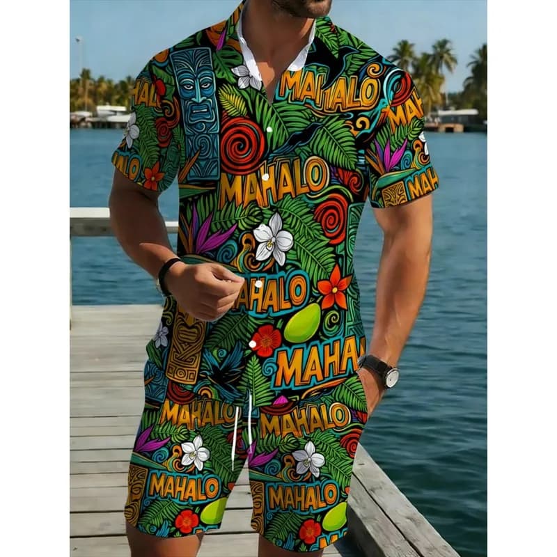 Men's Hawaiian Shirt Shorts Set Tropical Green Floral Beachwear Lightweight Breathable Durable Summer Outfit