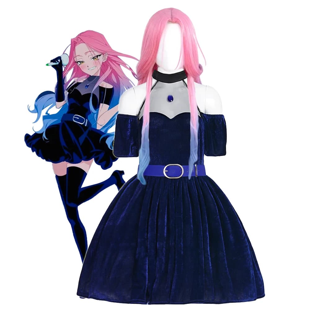 Mizi Cosplay Wig Pink Gradient Blue Purple Long Hair Stage Costume Skirt Anime Alien Stage Halloween Dress for Woman Girl