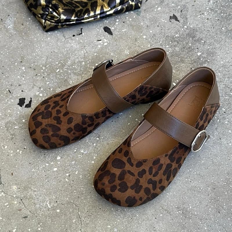 Mary Jane Shoes with printed slip-on leather suede stripped Korean version 2025 single low shoes with soft sole new style fall 2025