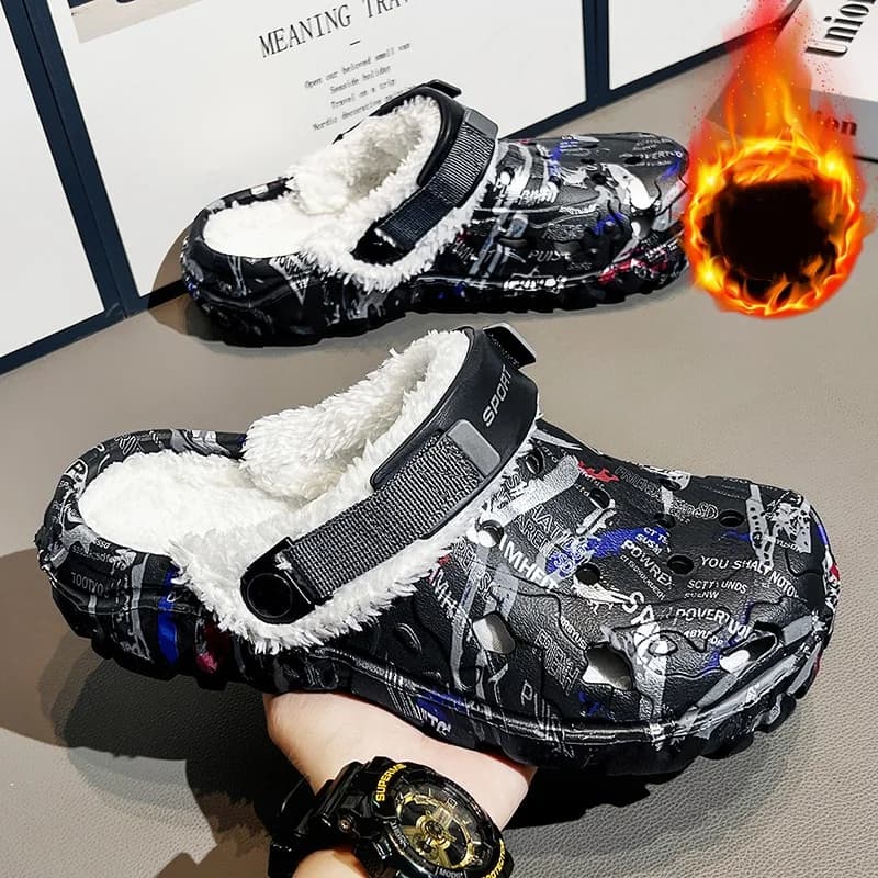 Pantofole da uomo in cotone foderate in pile per autunno e inverno, pantofole casual calde a punta chiusa per esterni