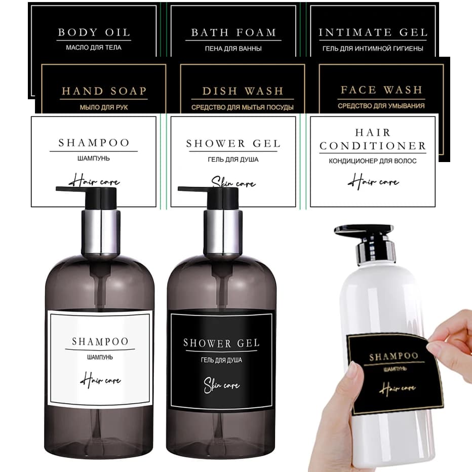 Etichette francesi russe per Dispenser di sapone decorazioni per bottiglie Shampoo per il lavaggio del corpo Dispenser per le mani adesivi etichette impermeabili per il bagno