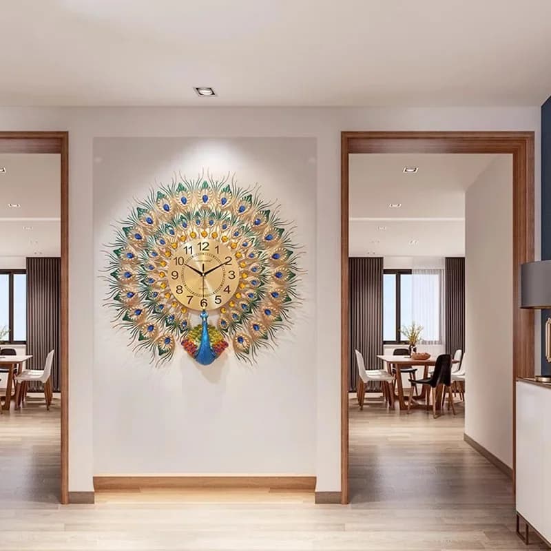 Orologio da parete moderno al quarzo di lusso con design a pavone, grande arte da parete silenziosa per la decorazione della casa del soggiorno