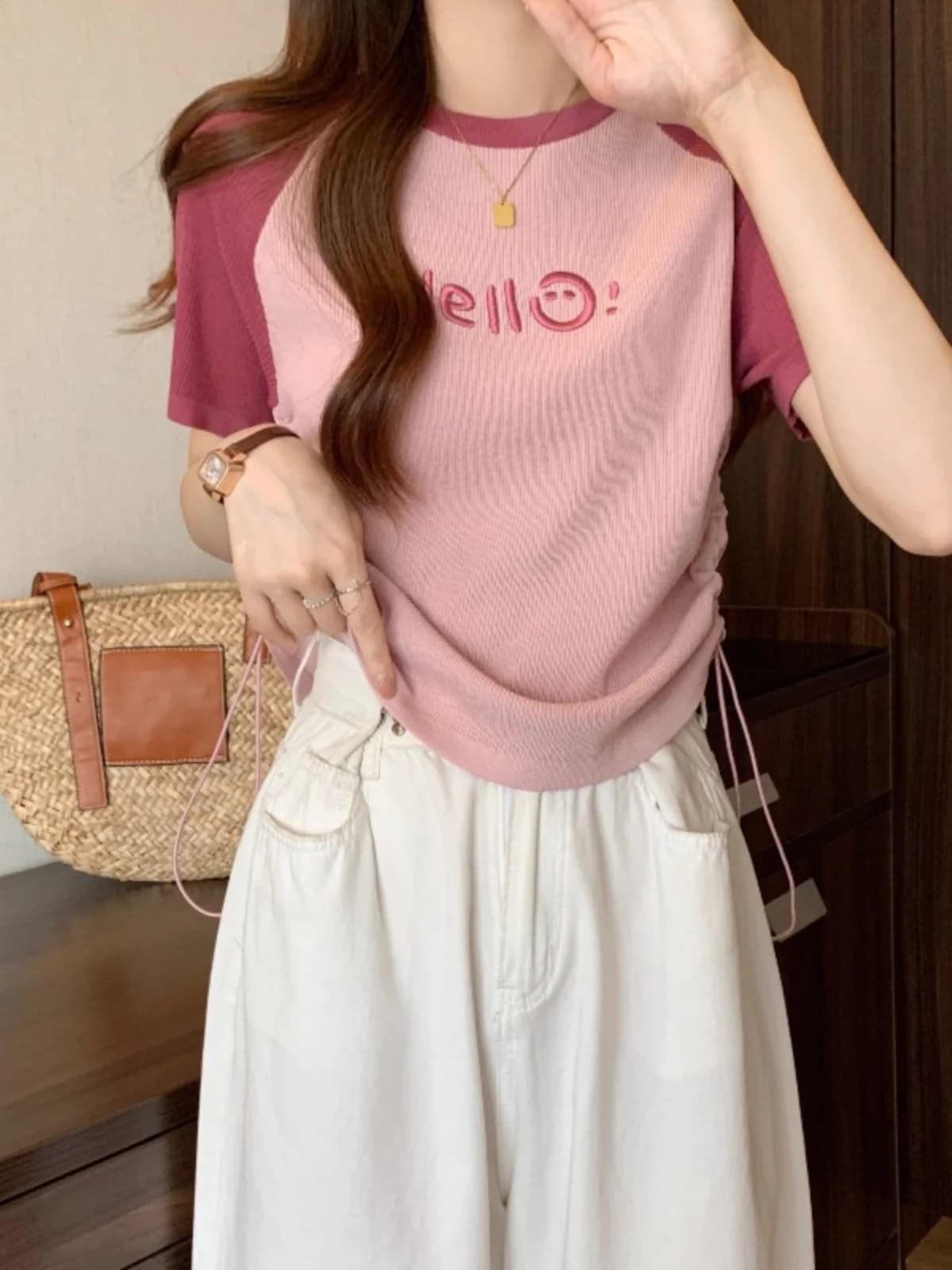 American Style Short Sleeve T-Shirt Women Summer plus Size Cute Drawstring Waist Slimming Top round Neck Casual Comfortable