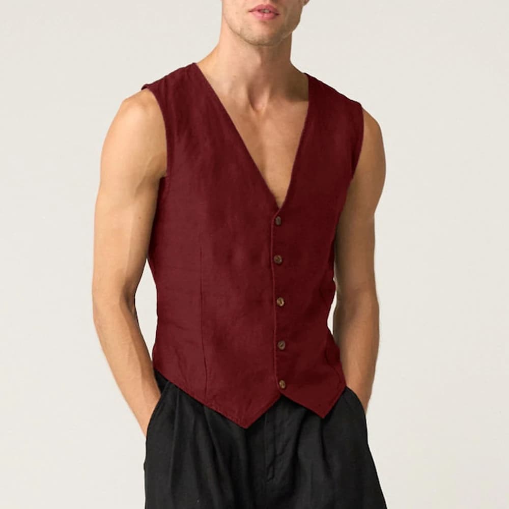 Gilet Casual in Lino da Uomo, Gilet Estivo Monopetto con Scollo a V, Giacca Senza Maniche Vintage e Leggera per Uomo