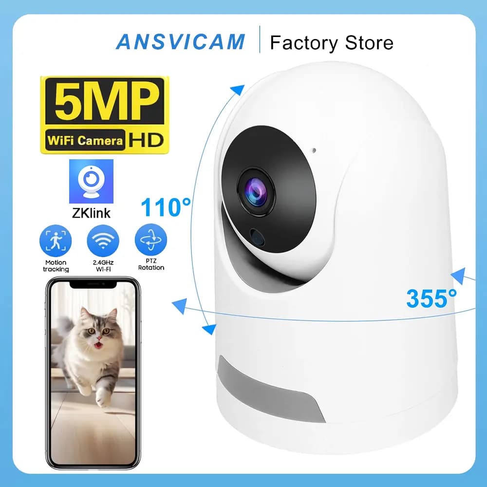 Telecamera di Sicurezza Domestica Smart WiFi ANSVICAM 2K 5MP, HD 1080p, Avvisi in Tempo Reale tramite APP, Audio Bidirezionale con Tracciamento del Movimento per Bambini e Animali Domestici