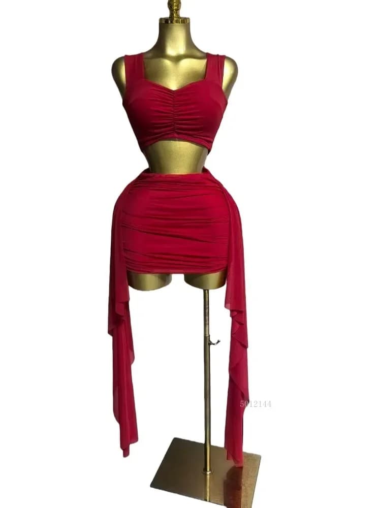 2026 Fashion Ruched Women's Dress Set Crop Strap Tops and Ribbon Bodycon Mini Skirts Suit Vacation Two 2 Piece Set Outfit