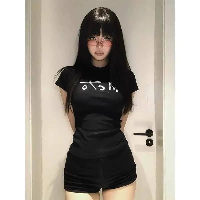 Spring 2026 Women's Slim Fit Short Sleeve T-Shirt Unique Base Layer Shirt Korean Style Commute Print Cotton Moisture Wicking