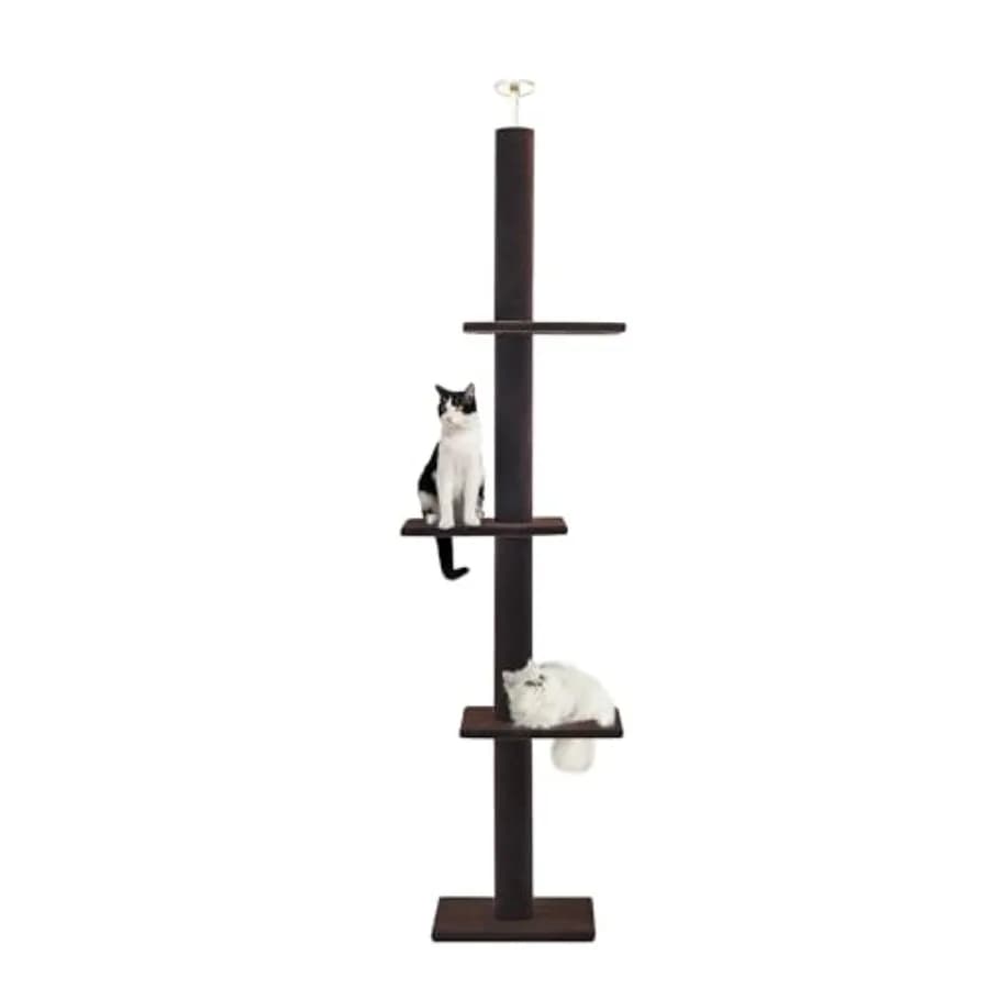 Albero per Gatti da Pavimento a Soffitto, Regolabile 95-108 cm, Torre da Arrampicata Alta con Tiragraffi in Moquette e Tappetino per Gatti da Interno, Marrone Scuro