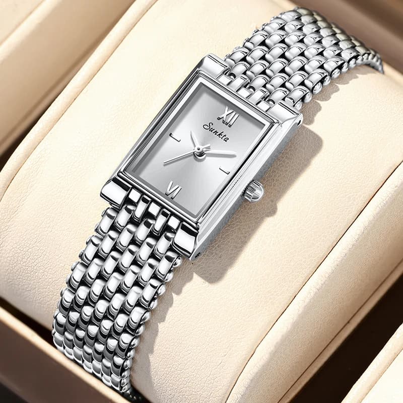 SUNKTA Fashionable, Creative, Square, Stainless Steel, Waterproof, For Women, Elegant Bracelet, Women's Quartz Wrist Watch