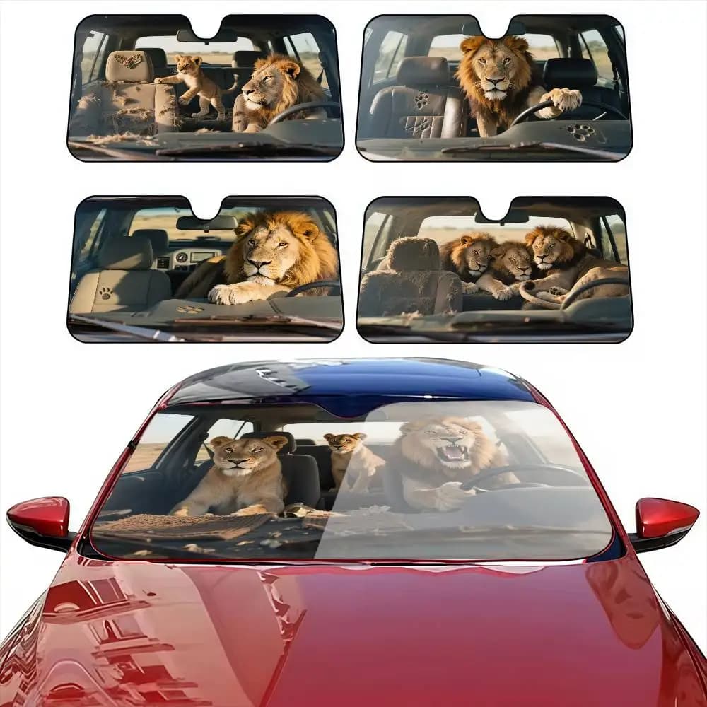 lion driving funny Car SunShade Windshield Anti-UV Protection Front Sun Shade Protector Interior Cooling for Vehicle