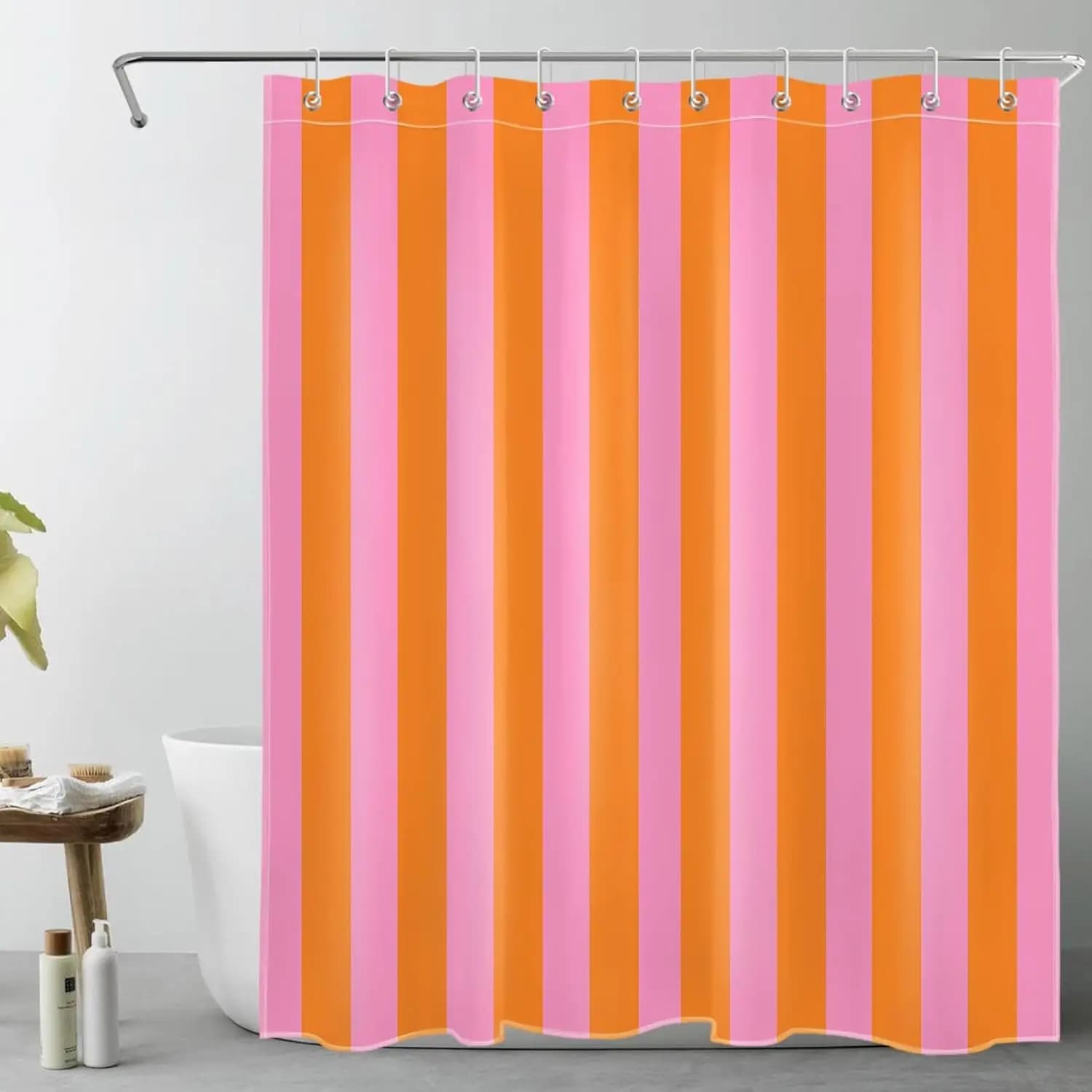 Modern Pink Orange Vertical Striped Print Shower Curtain Waterproof Mildew Resistant Polyester Fabric With Plastic Hooks Easy In