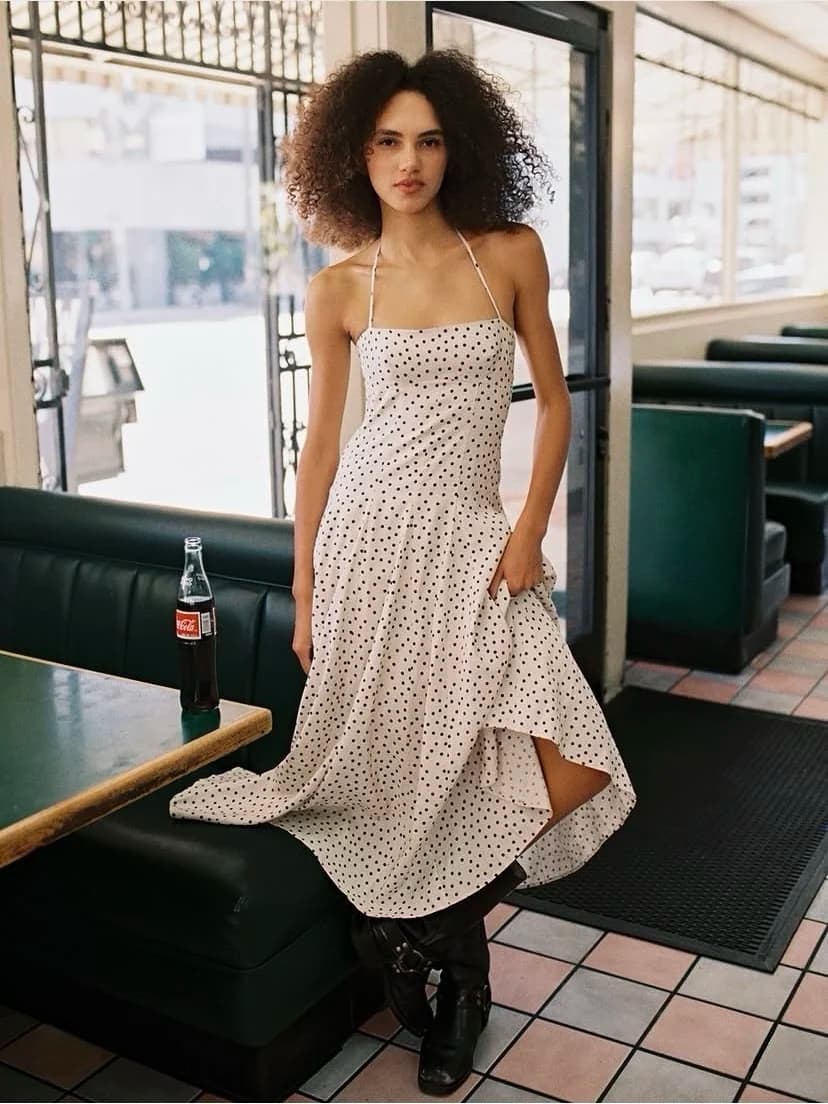 ZHAOLIN French Style Vacation Dress Retro Neck Hanging Belted Polka Dot Long Skirt Beach Summer New Arrival Women's Dress