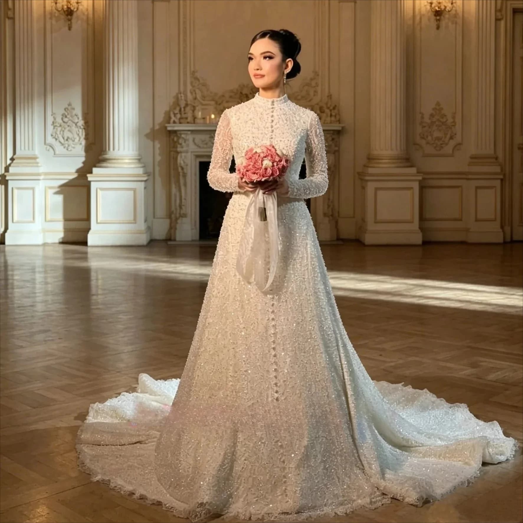 Customized Luxury Beading Lace Wedding Dresses Temperament High Neck Long Sleeves Sequined Applique Sweep Train Bridal Gown