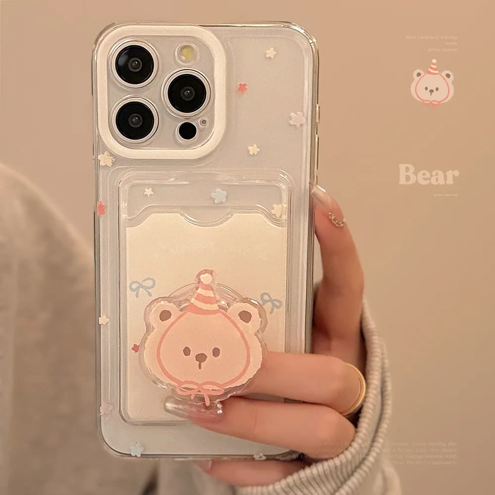 Custodia per telefono con pacchetto di carte orso cartone animato adorabile con supporto per iPhone 16 15 14 12 13 11 Pro Max 7 8Plus X XR Cover antiurto