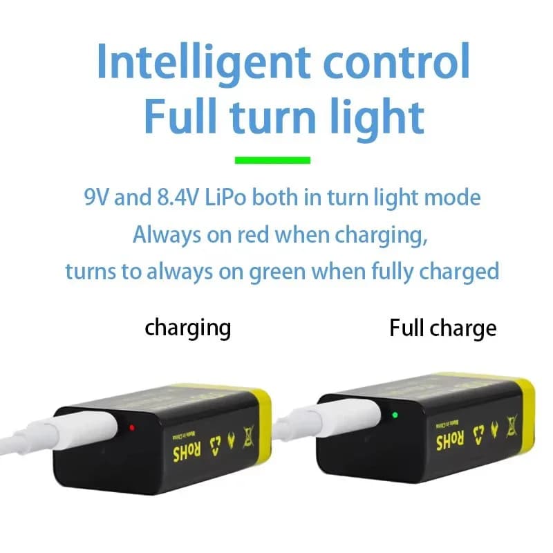 Batteria Ricaricabile agli Ioni di Litio Kuugro 9V 850mAh, Ricarica USB, Compatibile con Elicotteri RC, Multimetri e Giocattoli